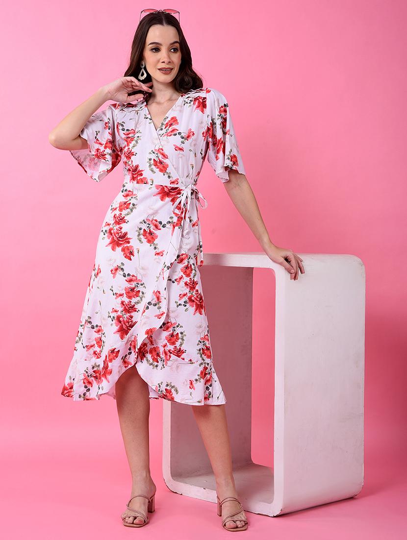 women floral print flared sleeve wrap dress - 21986026 - Standard Image - 3