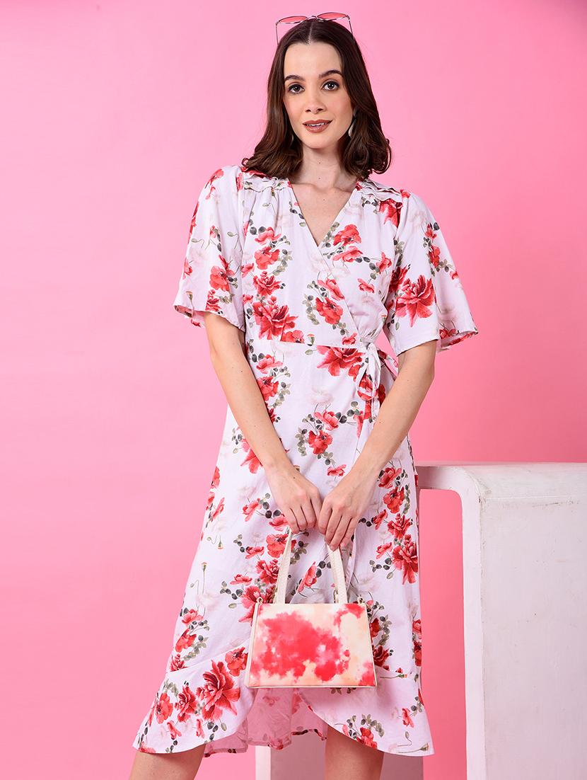 women floral print flared sleeve wrap dress - 21986026 - Standard Image - 5