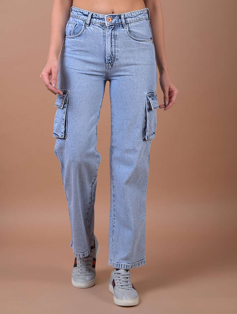 women solid high rise denim cargo