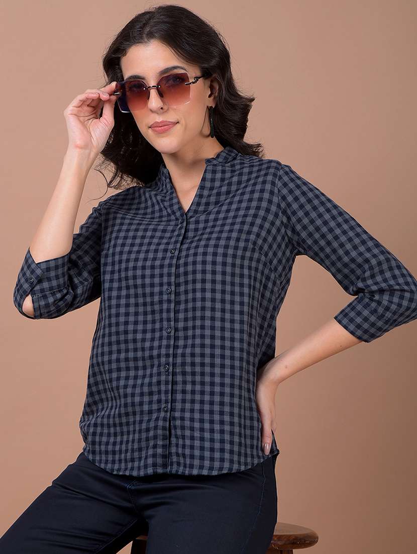 women checkered mandarin collar shirt
