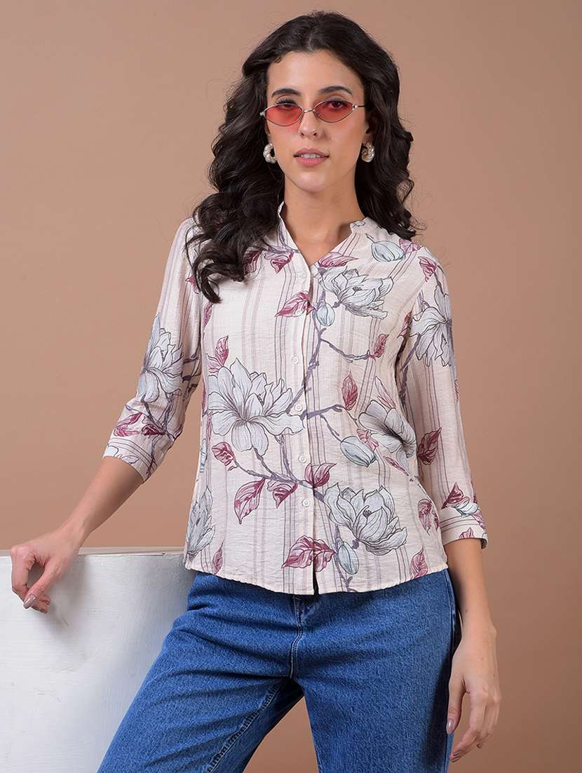 women printed three quarter sleeve collared shirt - 21986072 -  Zoom Image - 0