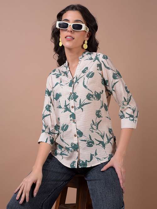 women printed three quarter sleeve collared shirt - 21986075 - Standard Image - 0