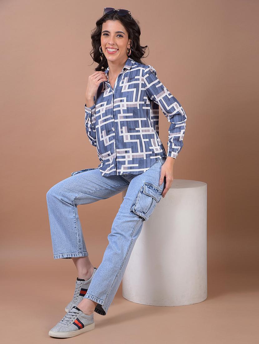 women printed long sleeve high low shirt - 21986079 - Standard Image - 5
