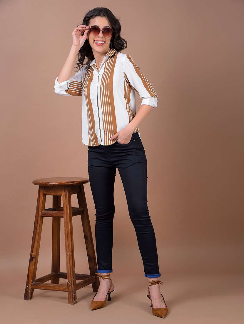 women striped collared long sleeve shirt - 21986083 - Standard Image - 5
