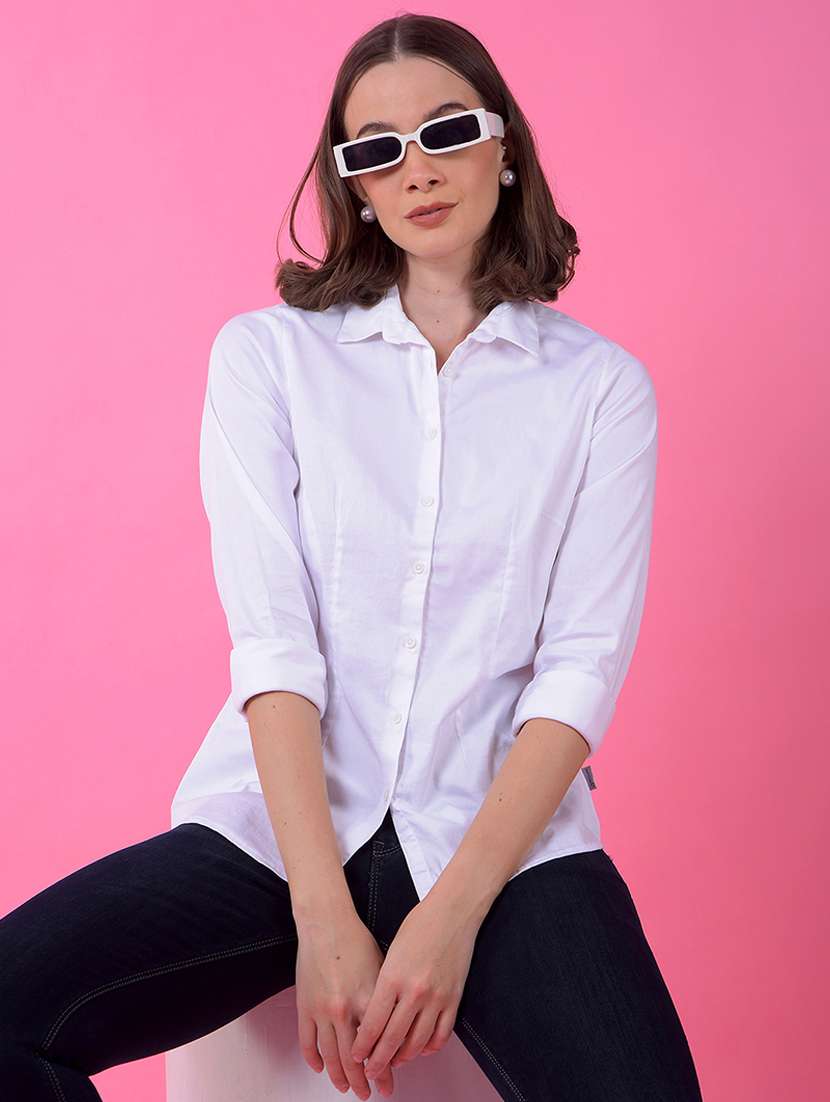 women white solid colllared long sleeve shirt