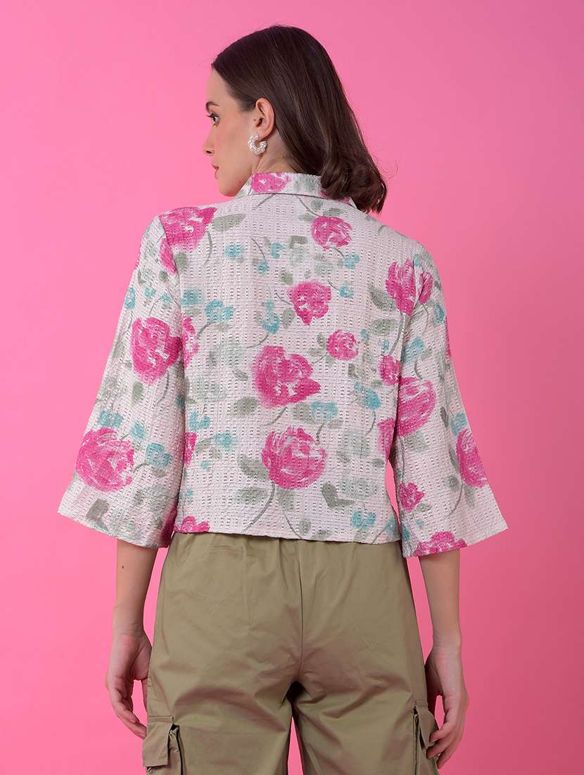 women floral print bell sleeve crop shirt - 21986095 -  Standard Image - 3