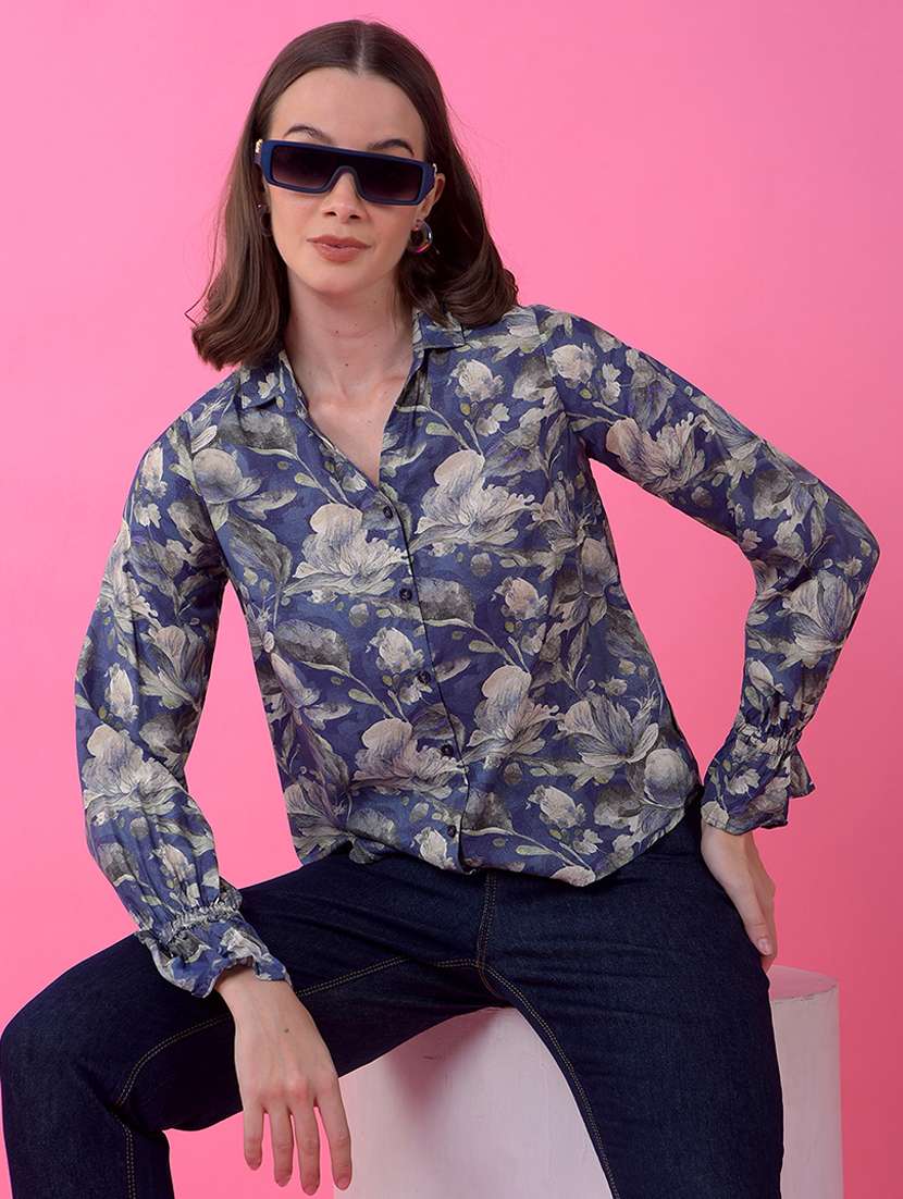 women printed long sleeve collared shirt - 21986099 - Zoom Image - 0
