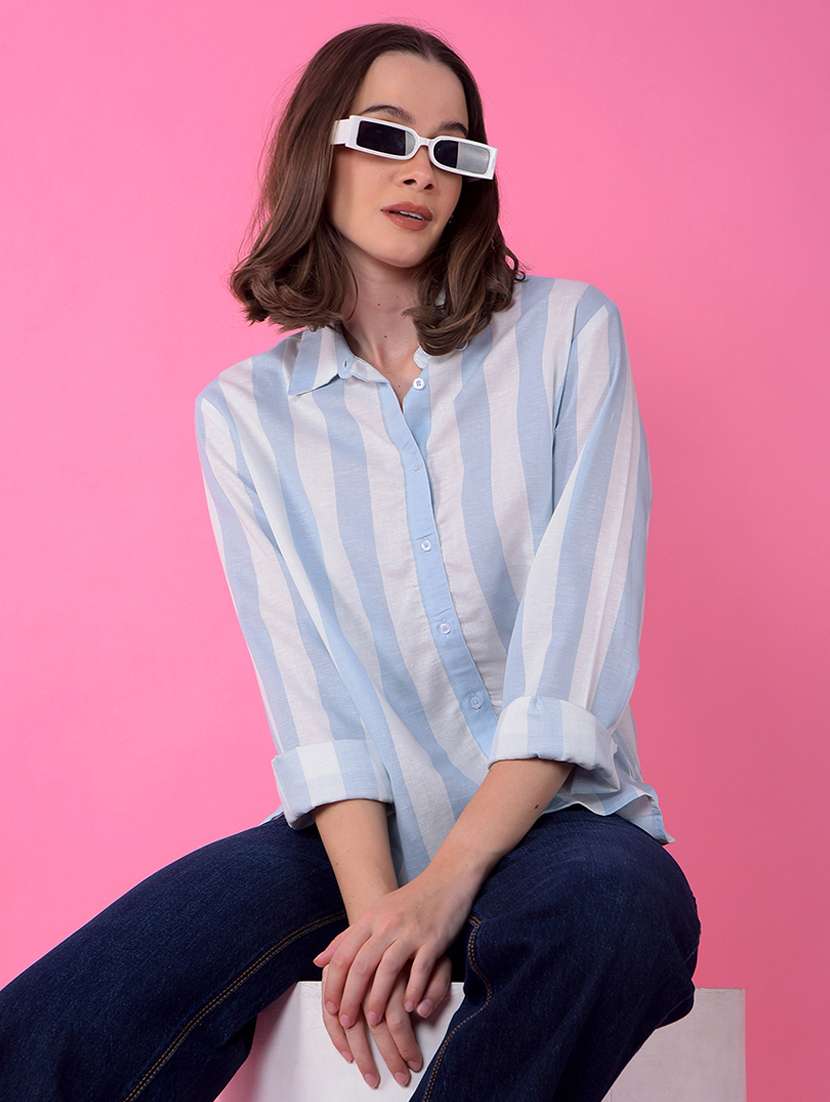 women striped collared long sleeve shirt 