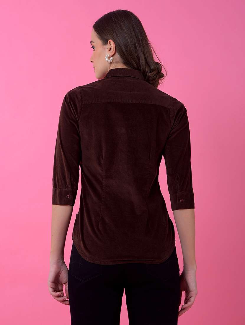 women solid collared three quarter sleeve shirt - 21986119 - Standard Image - 3