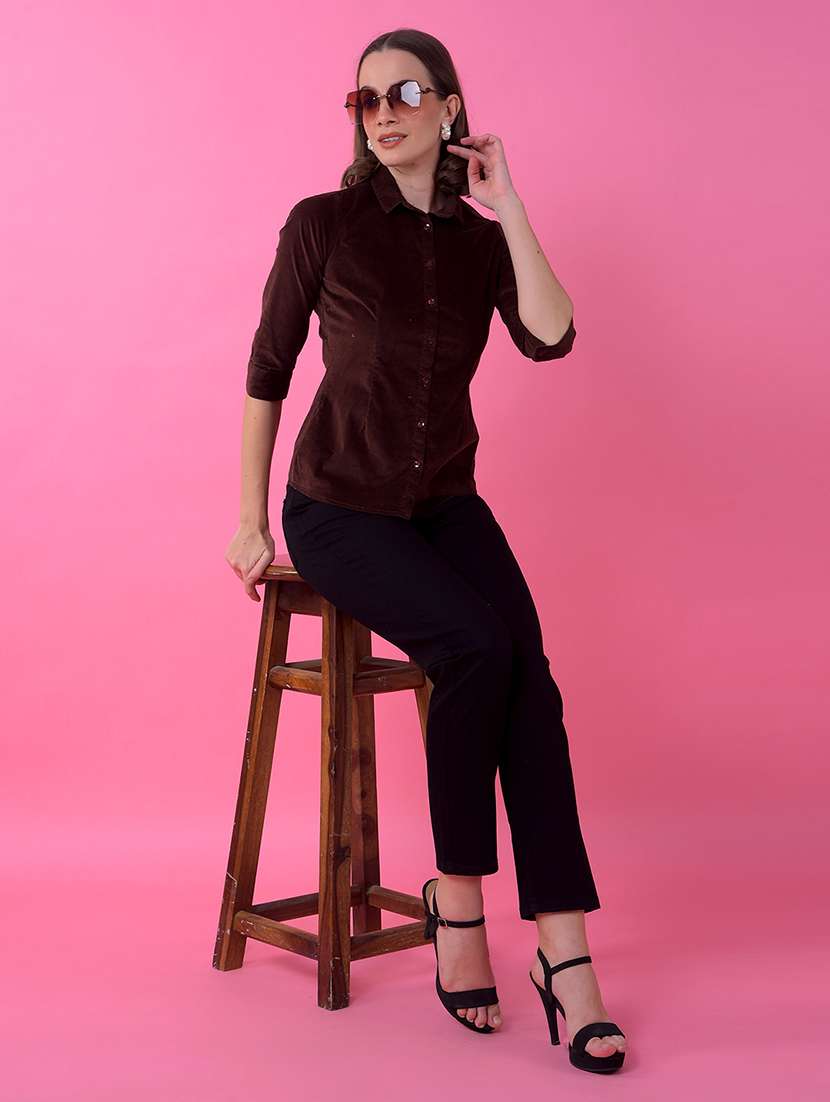 women solid collared three quarter sleeve shirt - 21986119 - Standard Image - 5