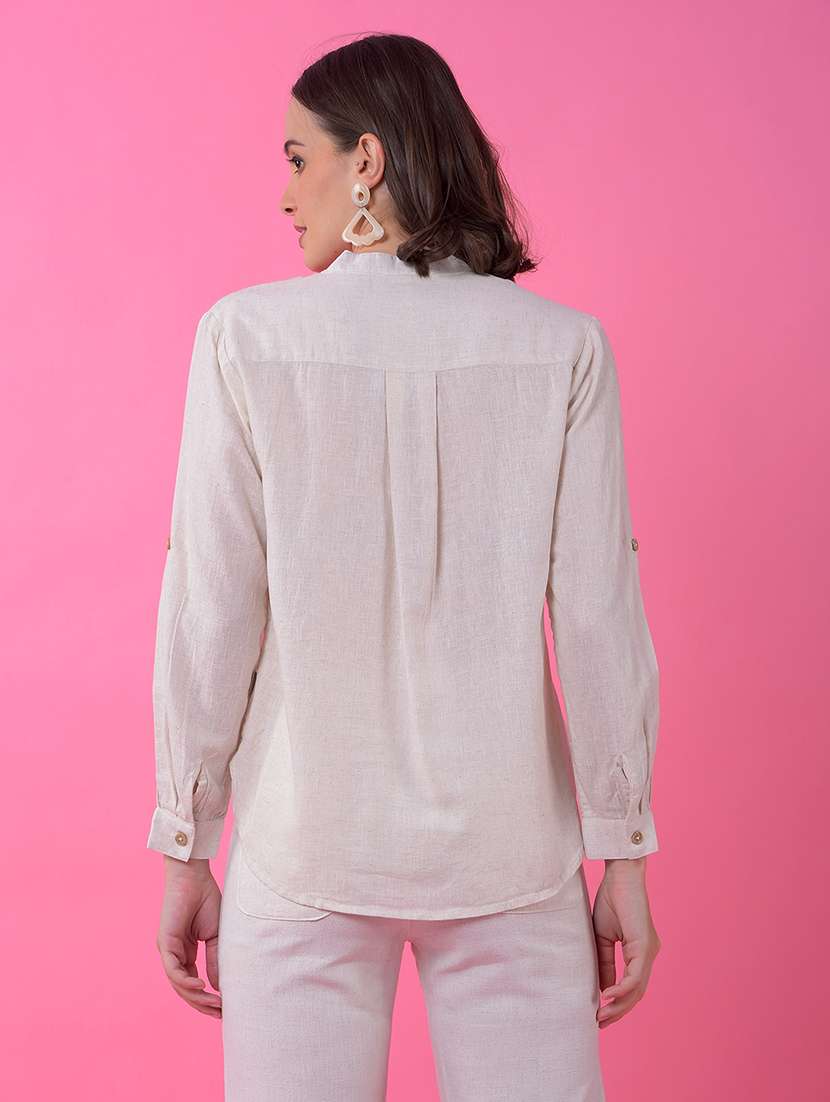 women solid collared long sleeve high low shirt  - 21986120 -  Standard Image - 3