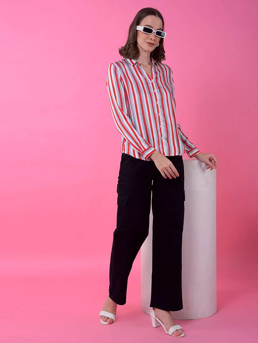 women striped collared long sleeve shirt - 21986121 - Standard Image - 5