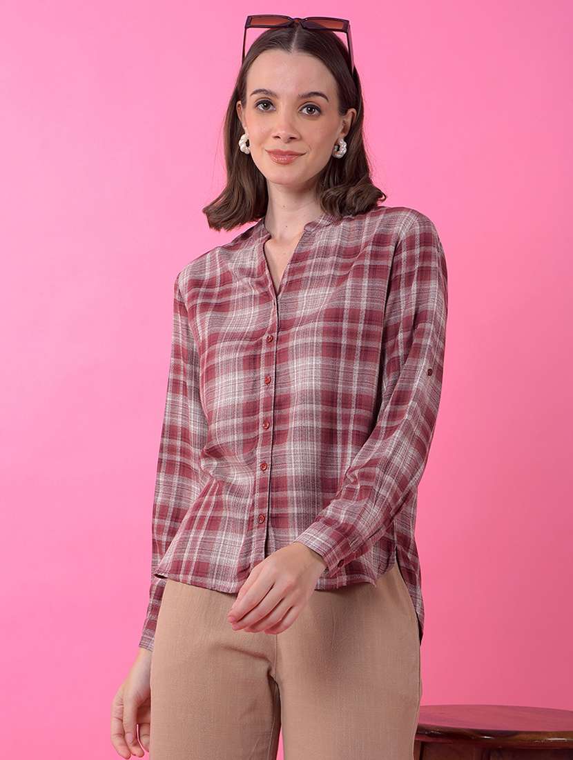 women checkered long sleeve high low shirt 