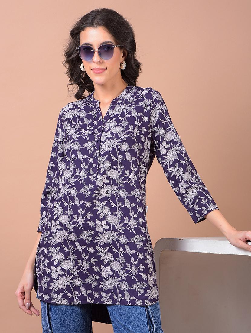 women printed mandarin neck high low kurti - 21986145 - Zoom Image - 0