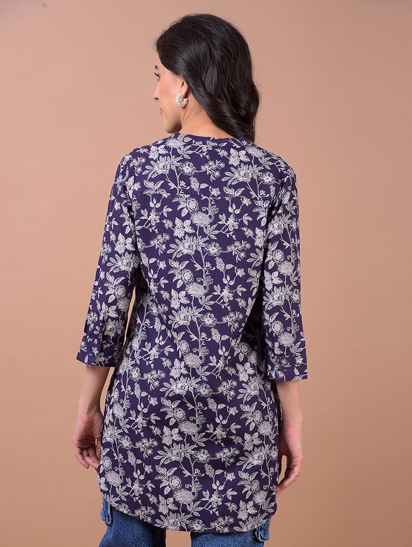 women printed mandarin neck high low kurti - 21986145 - Standard Image - 3