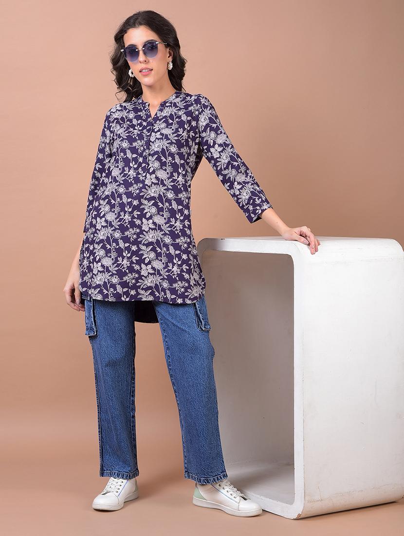 women printed mandarin neck high low kurti - 21986145 - Standard Image - 5