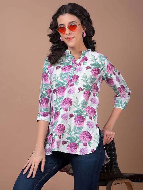 women floral print mandarin neck high low kurti - 21986149 - Standard Image - 0