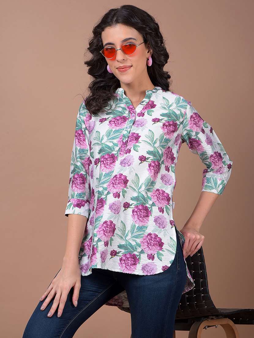 women floral print mandarin neck high low kurti - 21986149 - Zoom Image - 0