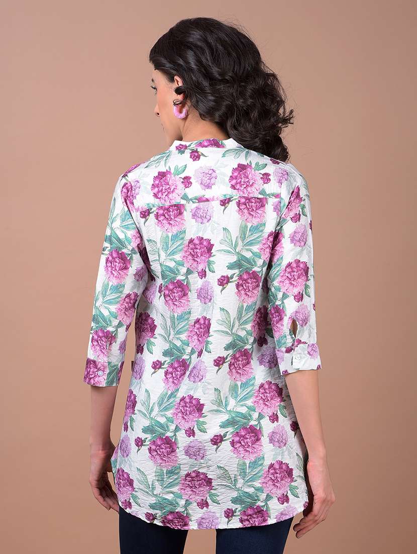 women floral print mandarin neck high low kurti - 21986149 - Standard Image - 3