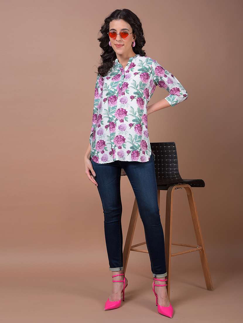 women floral print mandarin neck high low kurti - 21986149 - Standard Image - 5