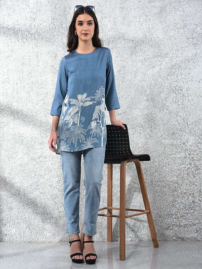 women printed mandarin neck high low kurti - 21986152 -  Standard Image - 5