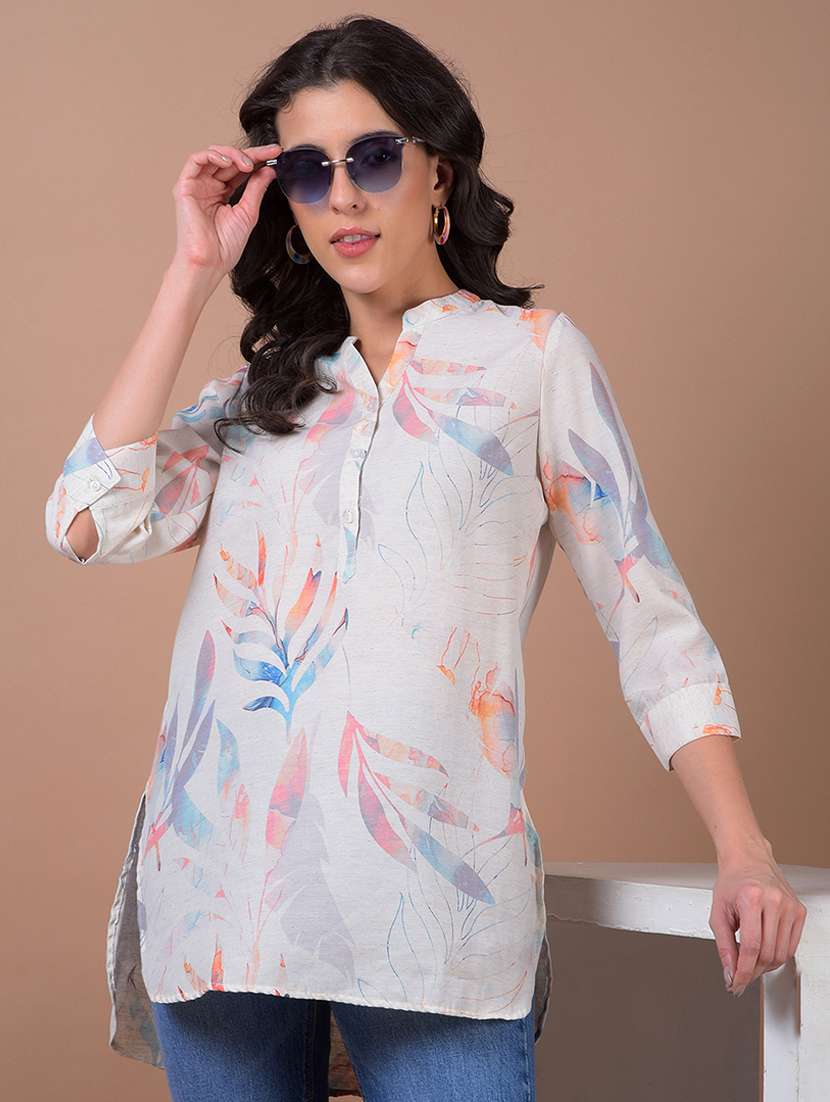 women printed mandarin neck high low kurti - 21986154 - Zoom Image - 0