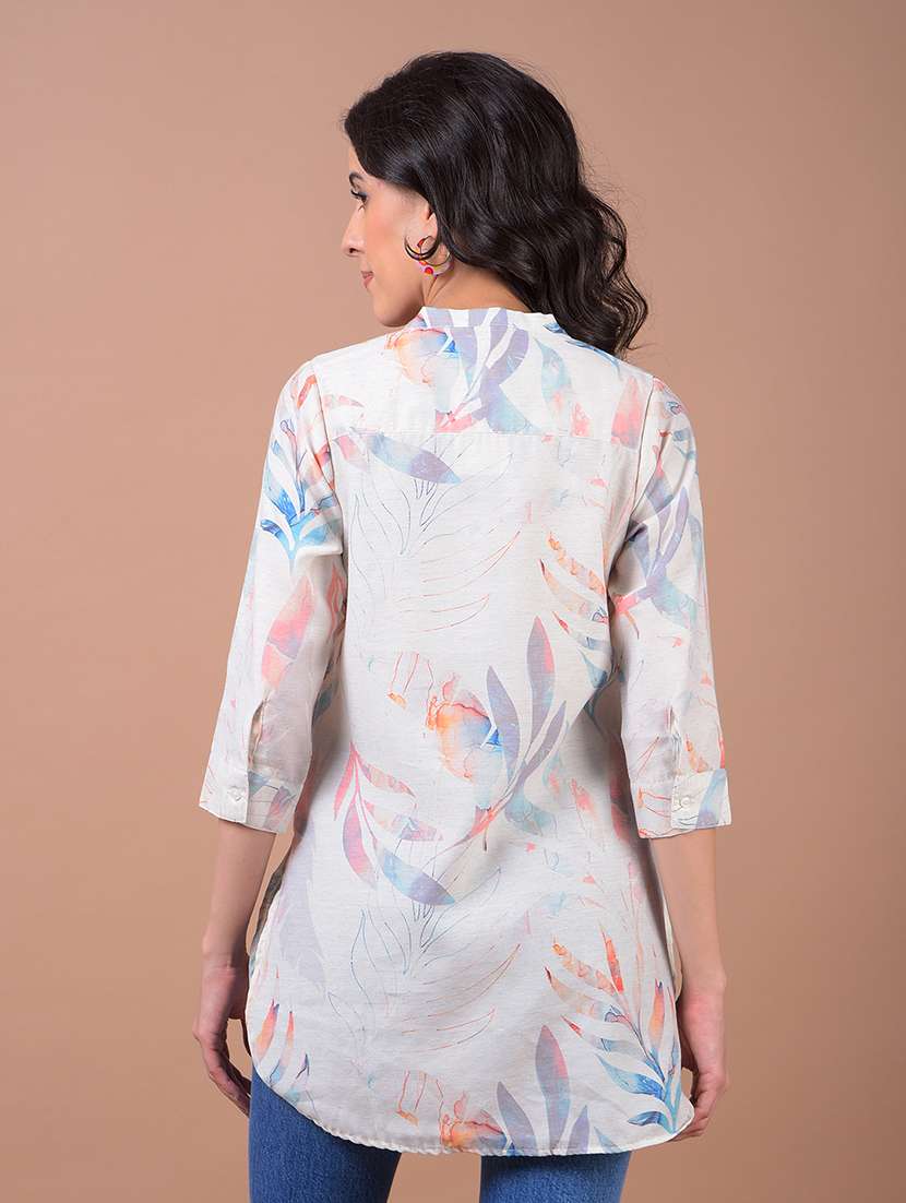 women printed mandarin neck high low kurti - 21986154 - Standard Image - 3
