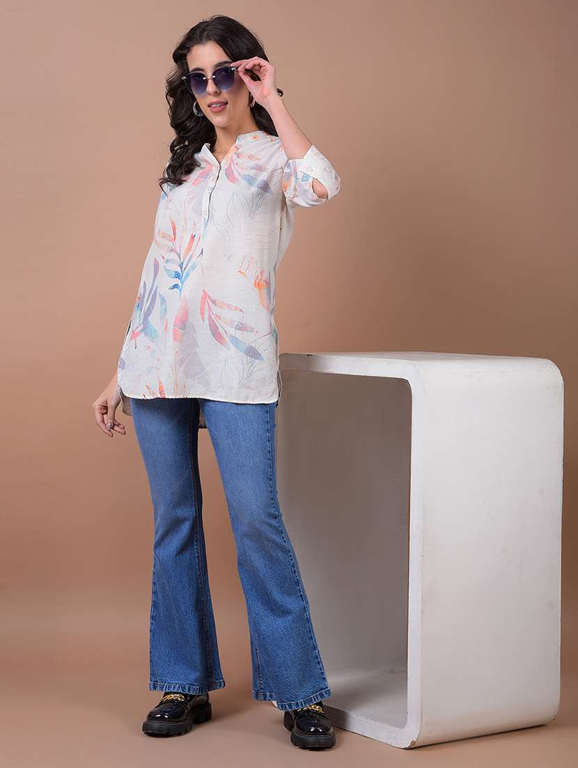 women printed mandarin neck high low kurti - 21986154 - Standard Image - 5