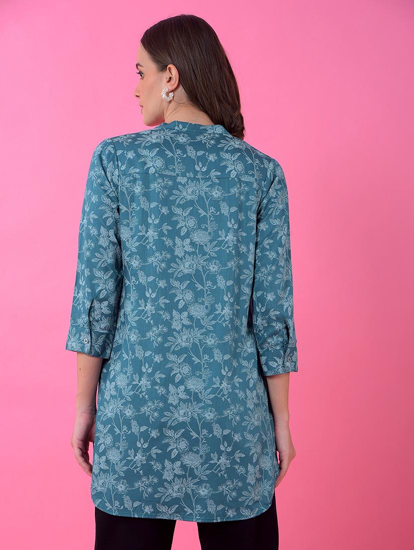 women printed mandarin neck high low kurti - 21986166 - Standard Image - 3