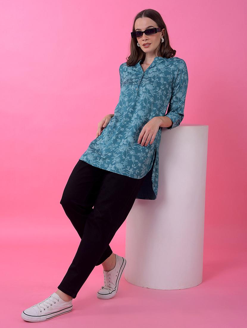 women printed mandarin neck high low kurti - 21986166 - Standard Image - 5