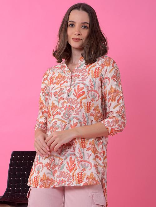 women printed mandarin neck high low kurti - 21986169 - Standard Image - 0