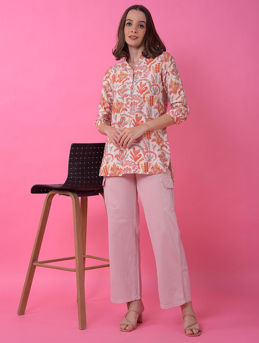 women printed mandarin neck high low kurti - 21986169 - Standard Image - 5