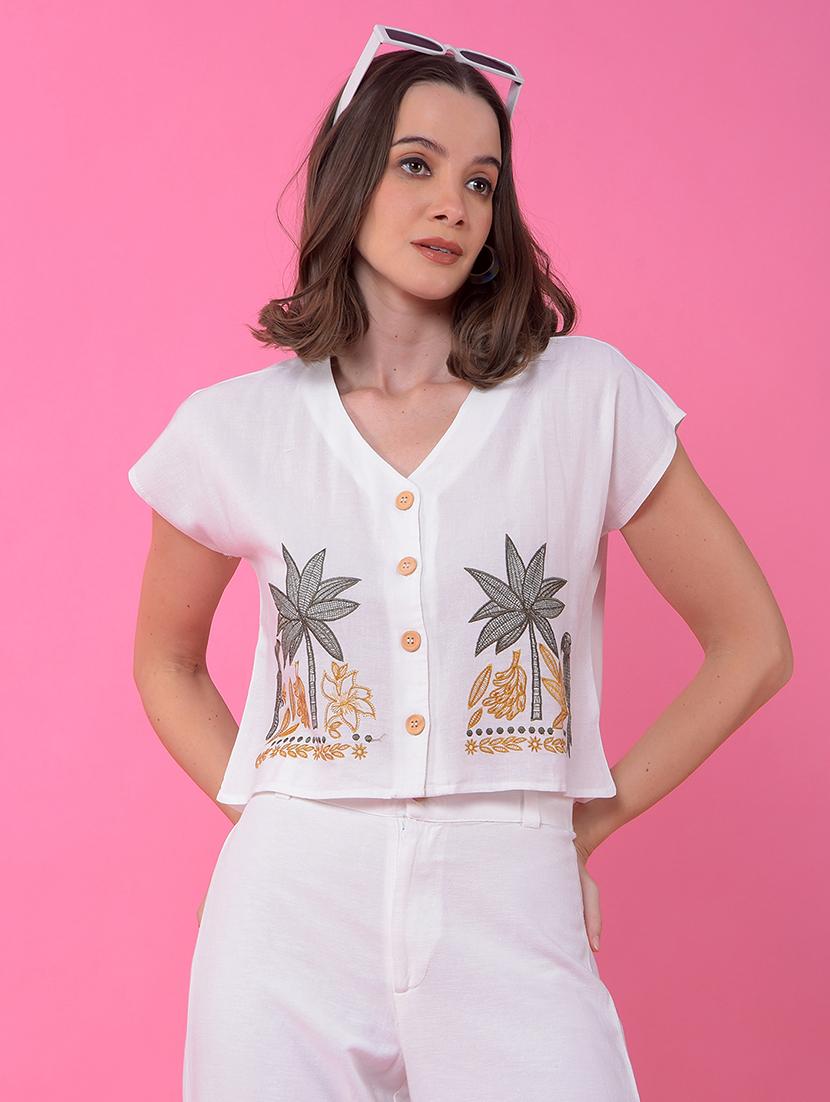 women white embroidered short sleeve crop top