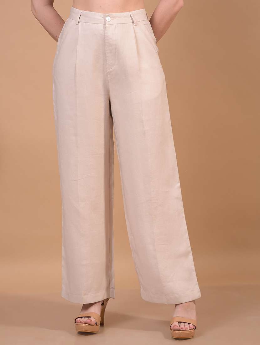 women solid high rise wide leg trouser
