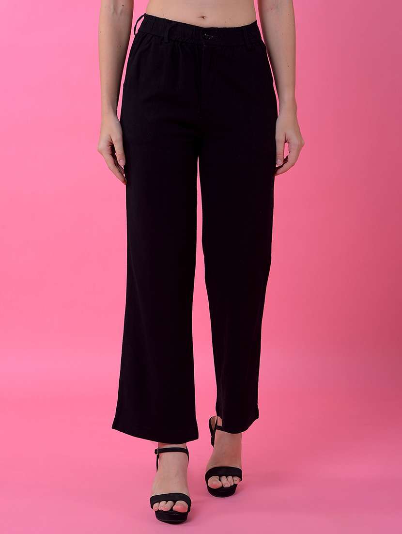 women solid mid rise straight trouser