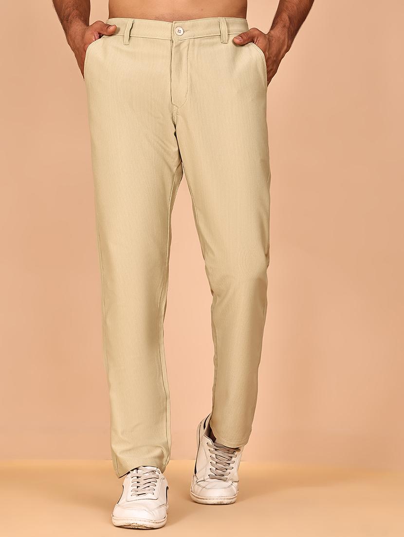 beige cotton flat front casual trousers