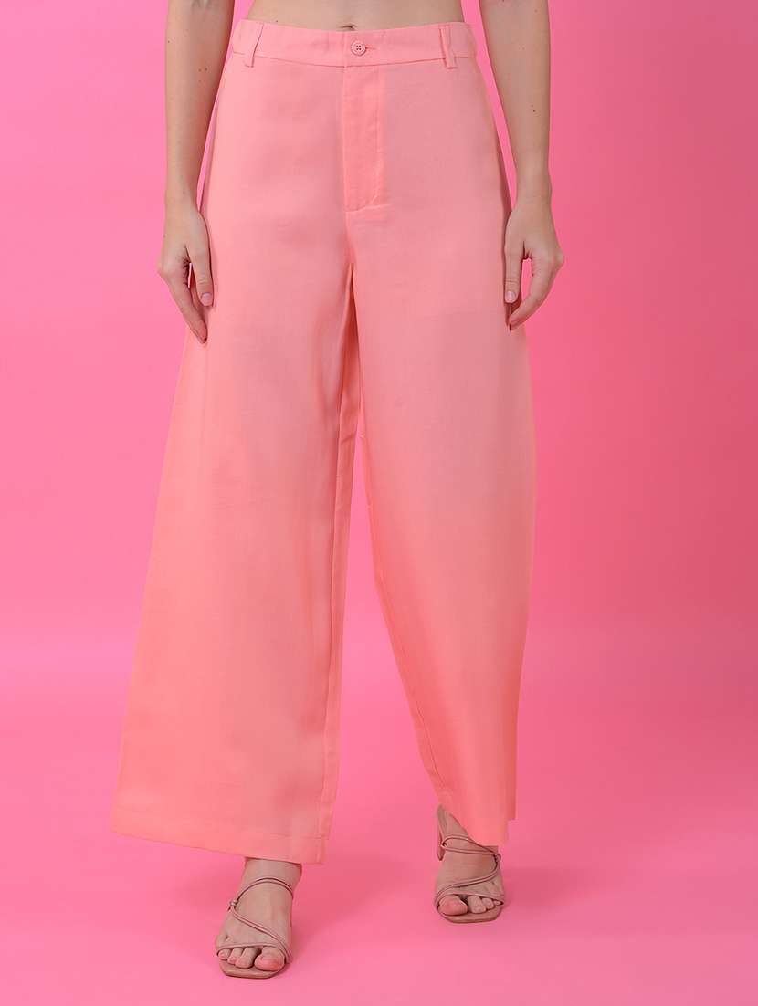 women solid high rise wide leg trouser