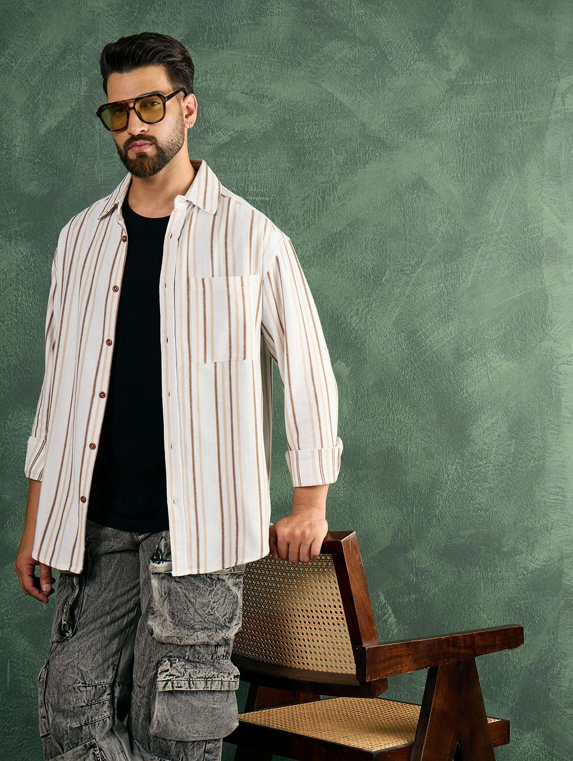 men striped collared loose fit shirt - 21986238 -  Zoom Image - 0