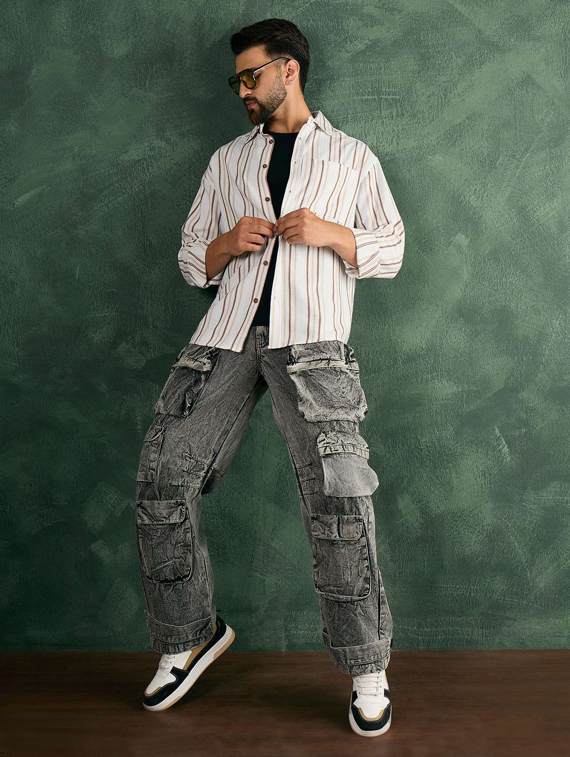 men striped collared loose fit shirt - 21986238 - Standard Image - 5
