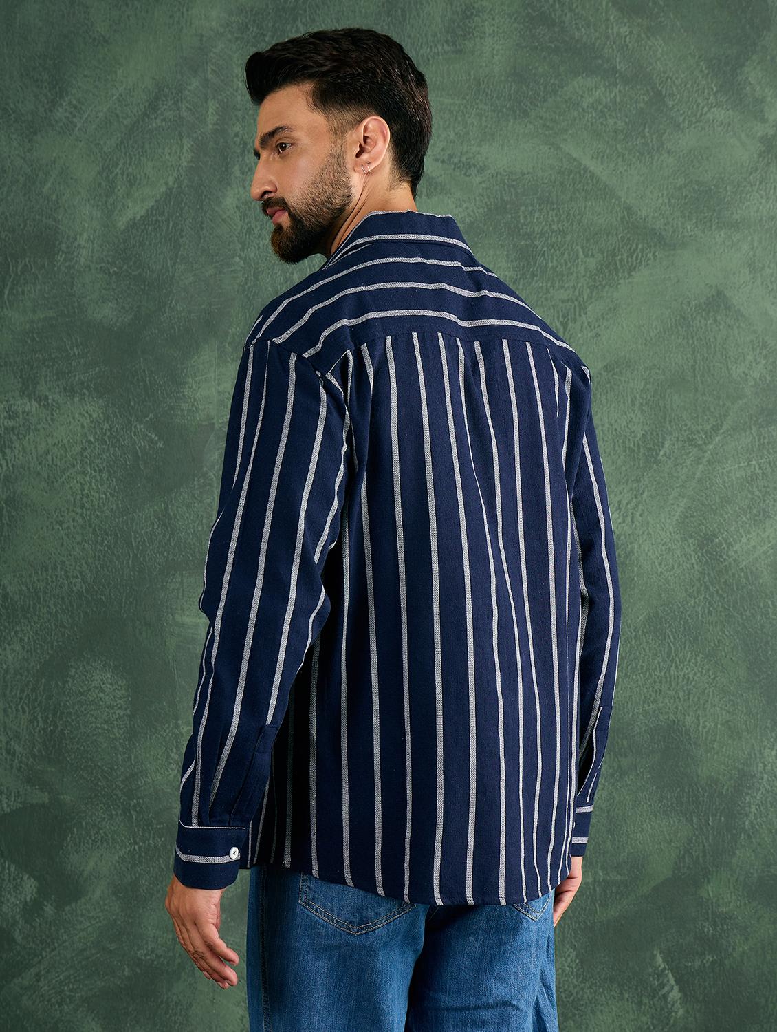 men navy blue striped collared loose fit shirt - 21986239 - Standard Image - 3