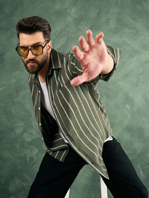 men olive striped collared loose fit shirt - 21986240 -  Standard Image - 0