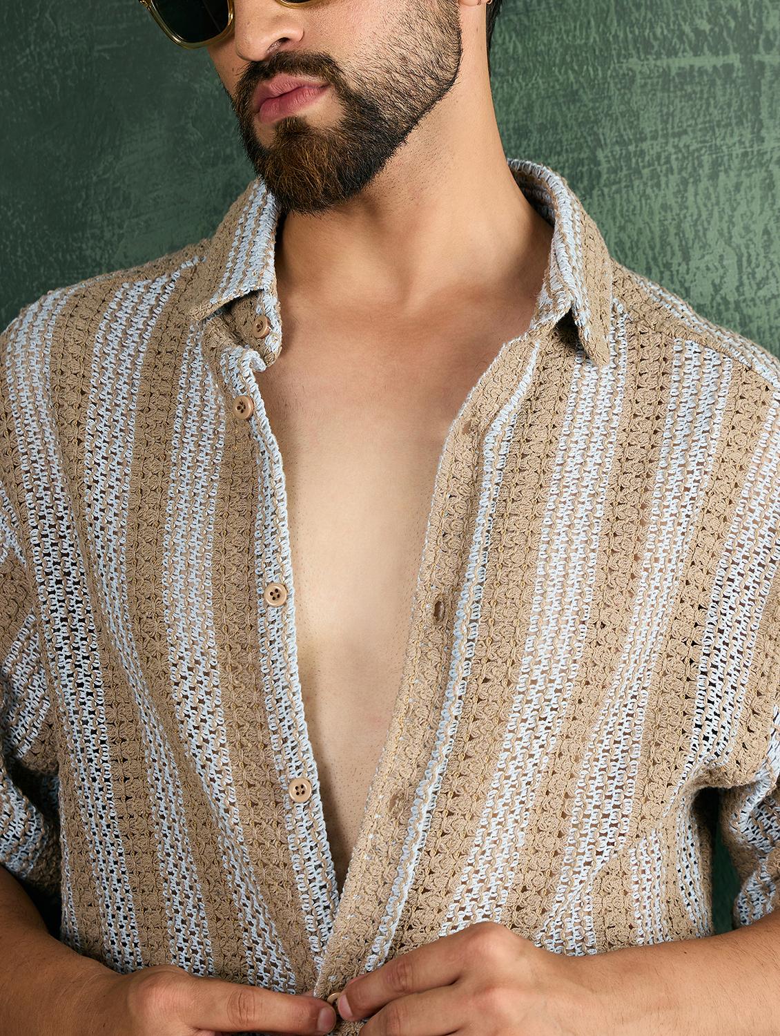 men striped textuered collared loose fit shirt - 21986242 - Standard Image - 3