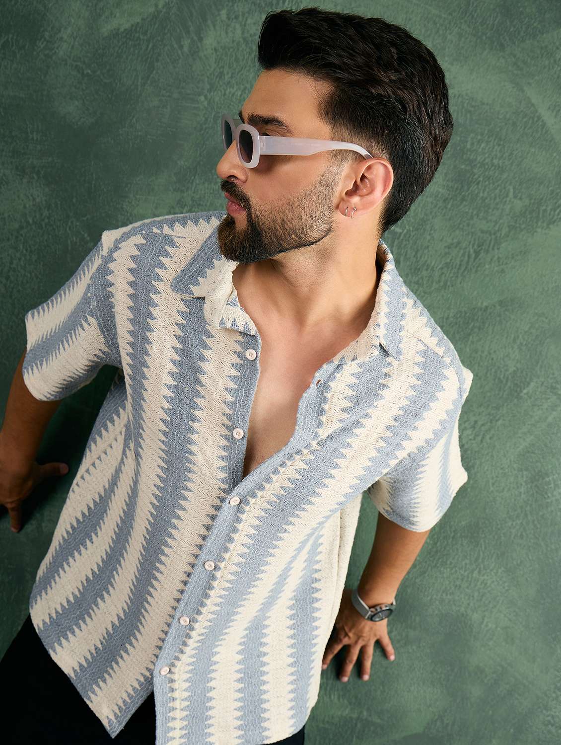 men striped textured collared loose fit shirt