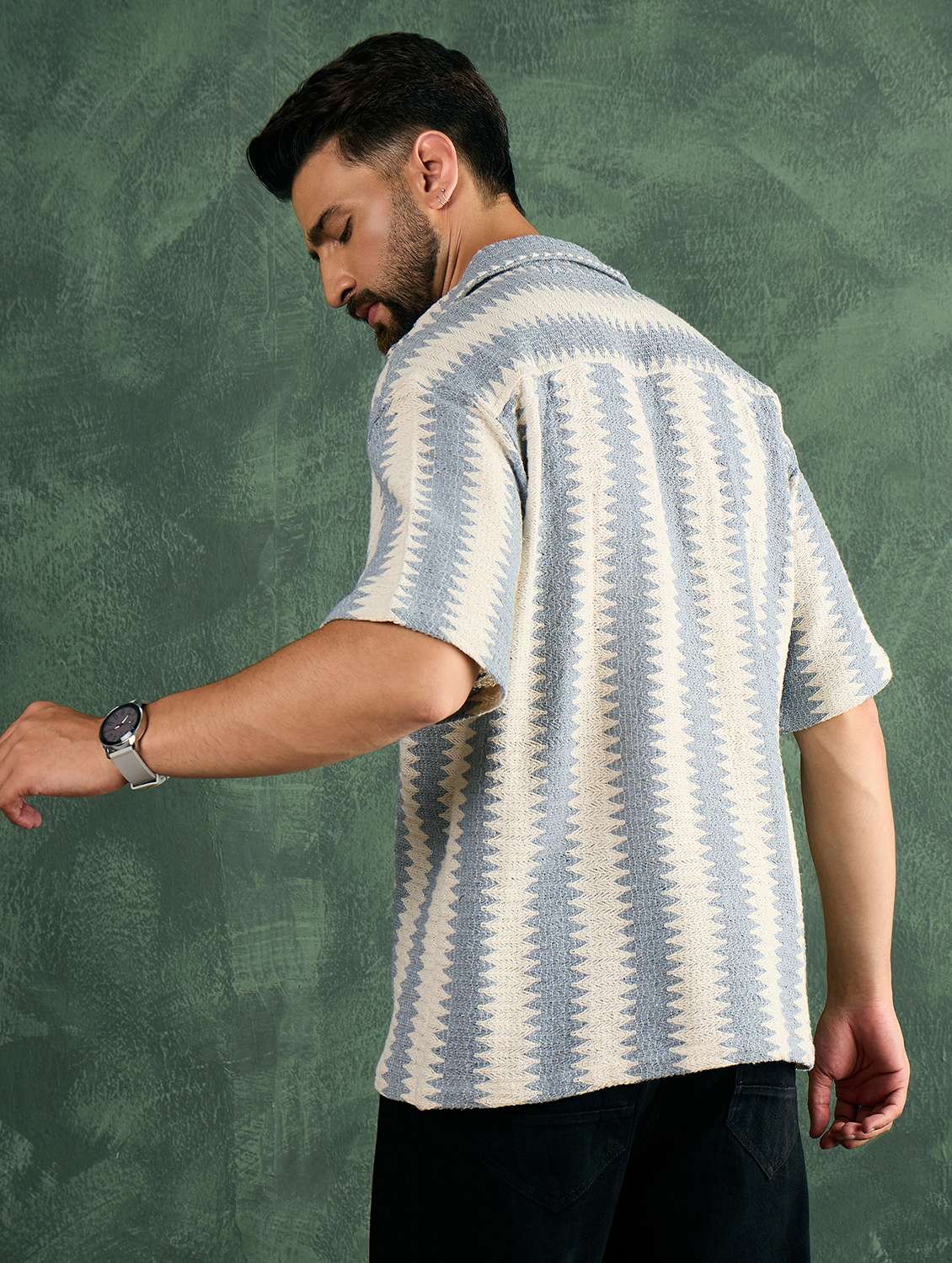 men striped textured collared loose fit shirt - 21986243 -  Standard Image - 3