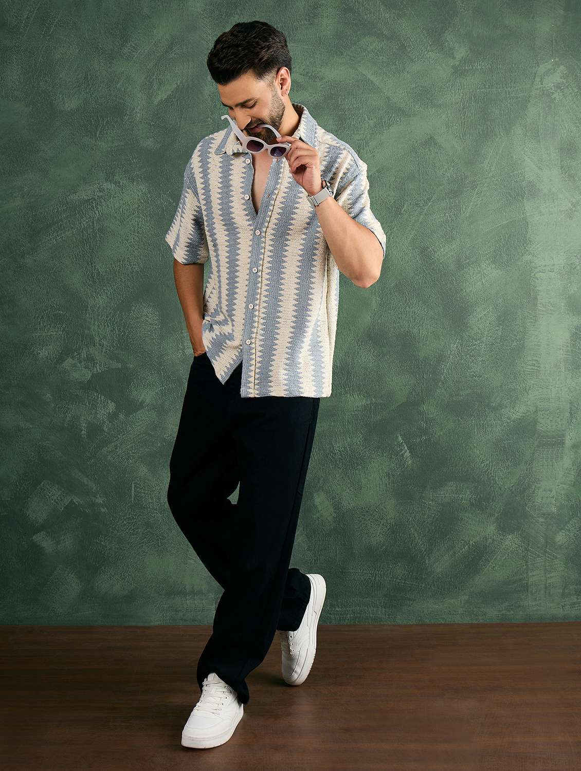 men striped textured collared loose fit shirt - 21986243 -  Standard Image - 5