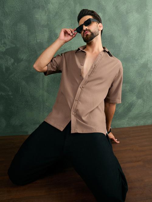 men brown textured short sleeve oversized shirt - 21986246 - Standard Image - 0