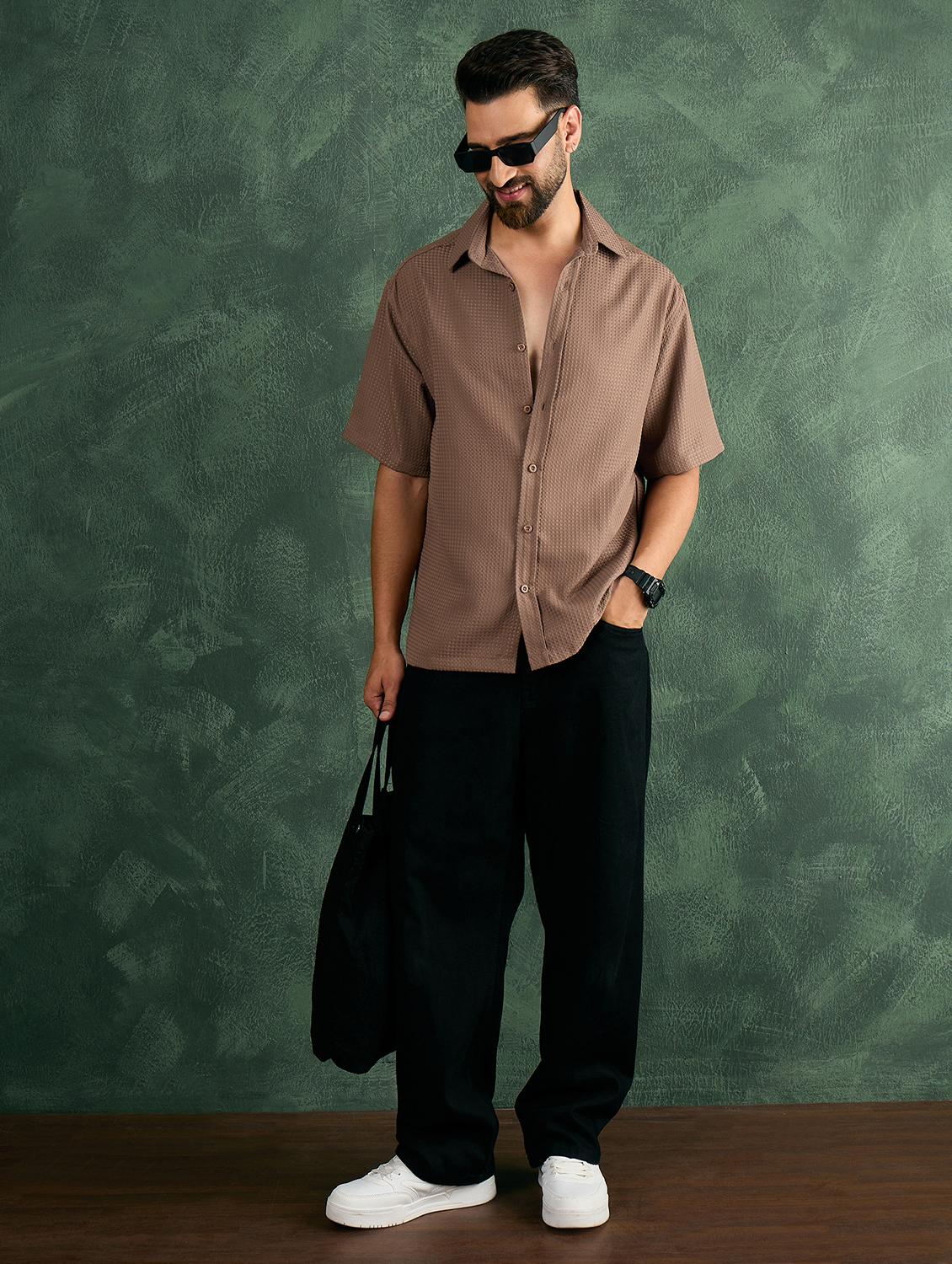 men brown textured short sleeve oversized shirt - 21986246 - Standard Image - 5