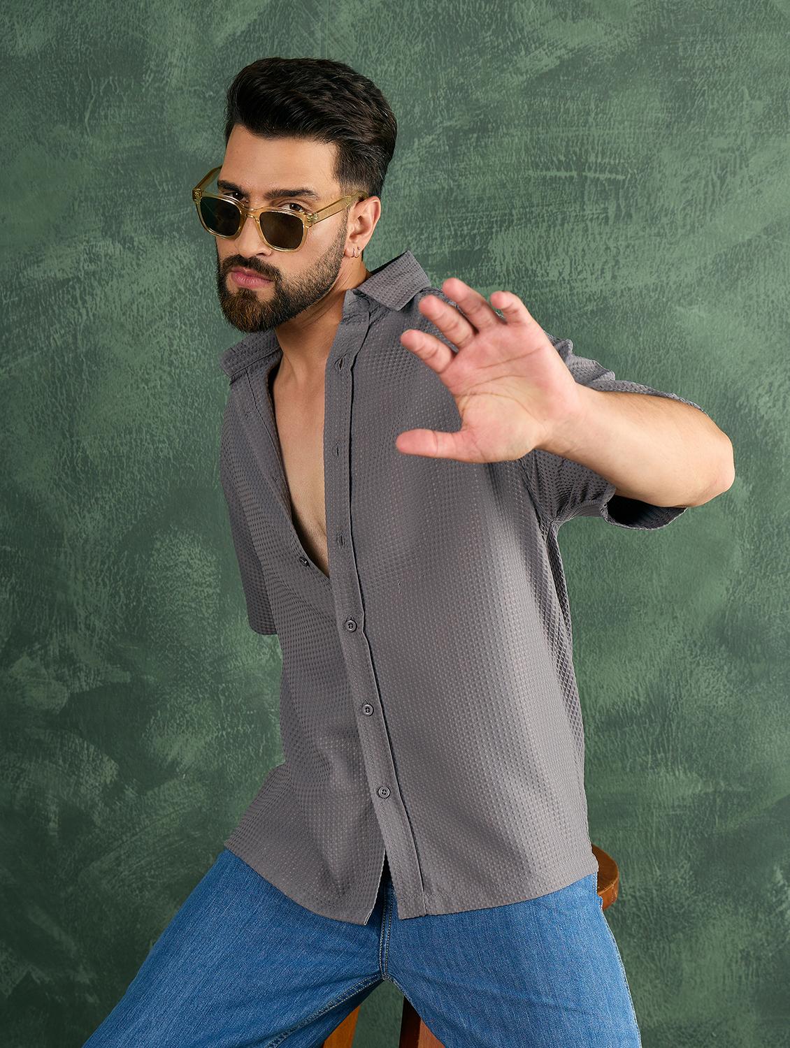 men grey textured short sleeve oversized shirt - 21986249 - Zoom Image - 0