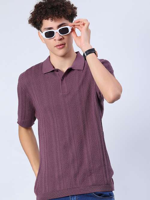 Men Self Design Short Sleeve Regular Fit Polo T Shirt
