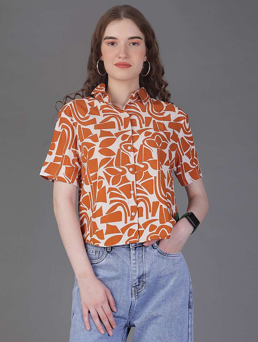 women printed collared short sleeve boxy shirt